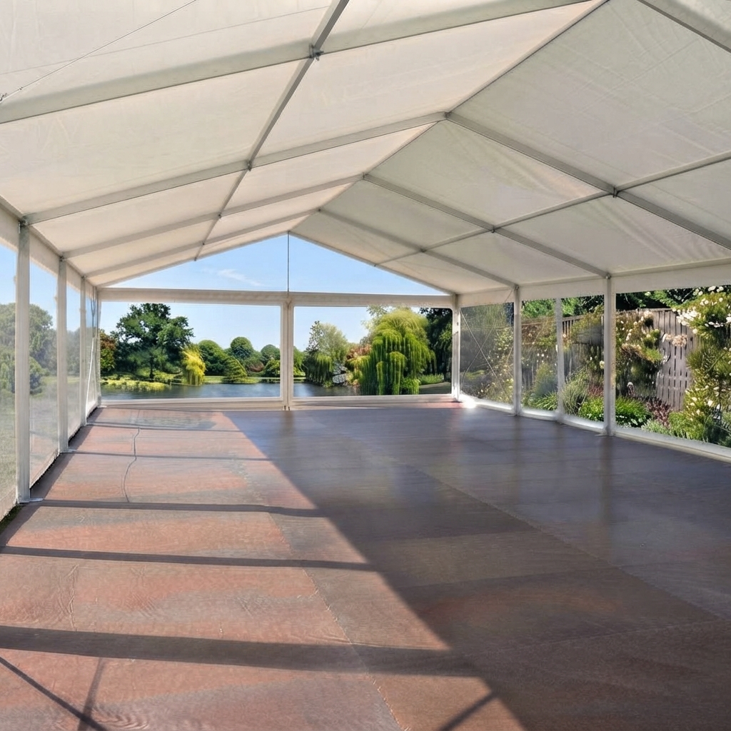 Modułowa podłoga plenerowa ułożona wewnątrz eleganckiego namiotu imprezowego Garden Party