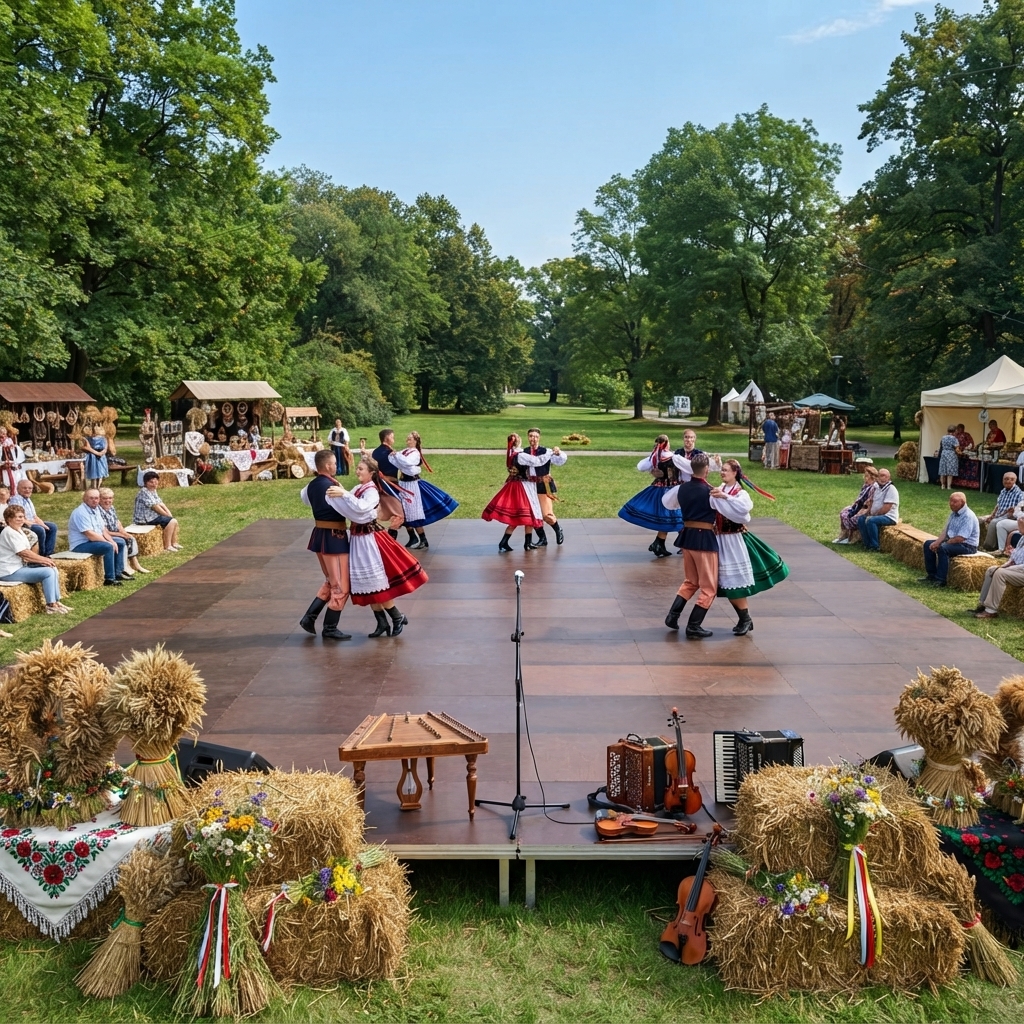 Wolnostojący modułowy podest plenerowy pełniący funkcję parkietu tanecznego na trawie