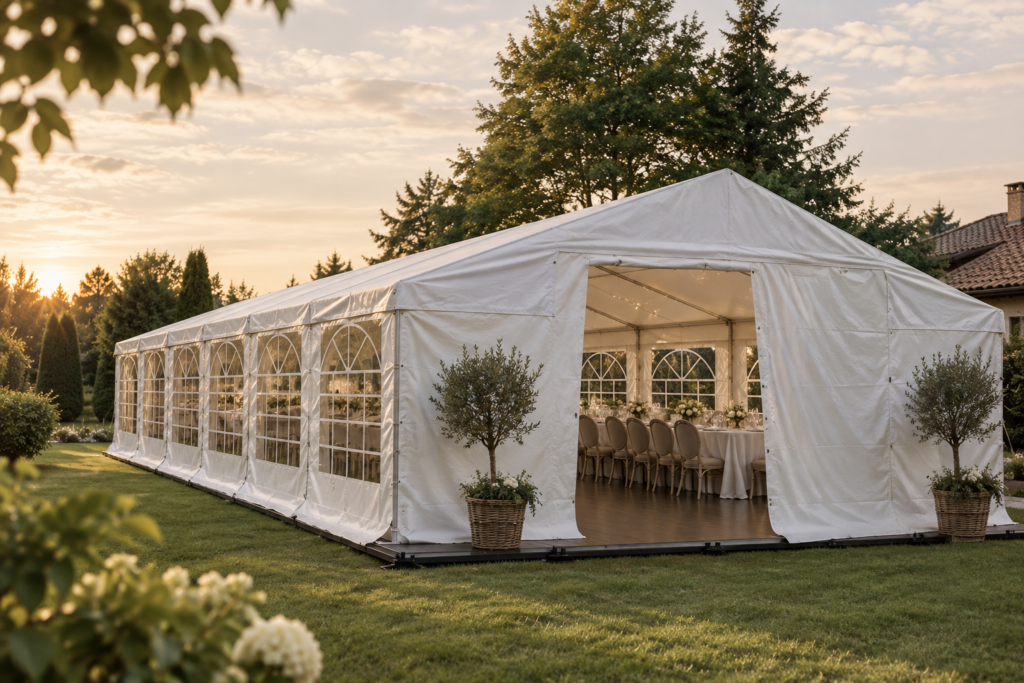 Elegancki luksusowy namiot bankietowy na wesele i imprezę plenerową w ogrodzie, Garden Party Bydgoszcz.